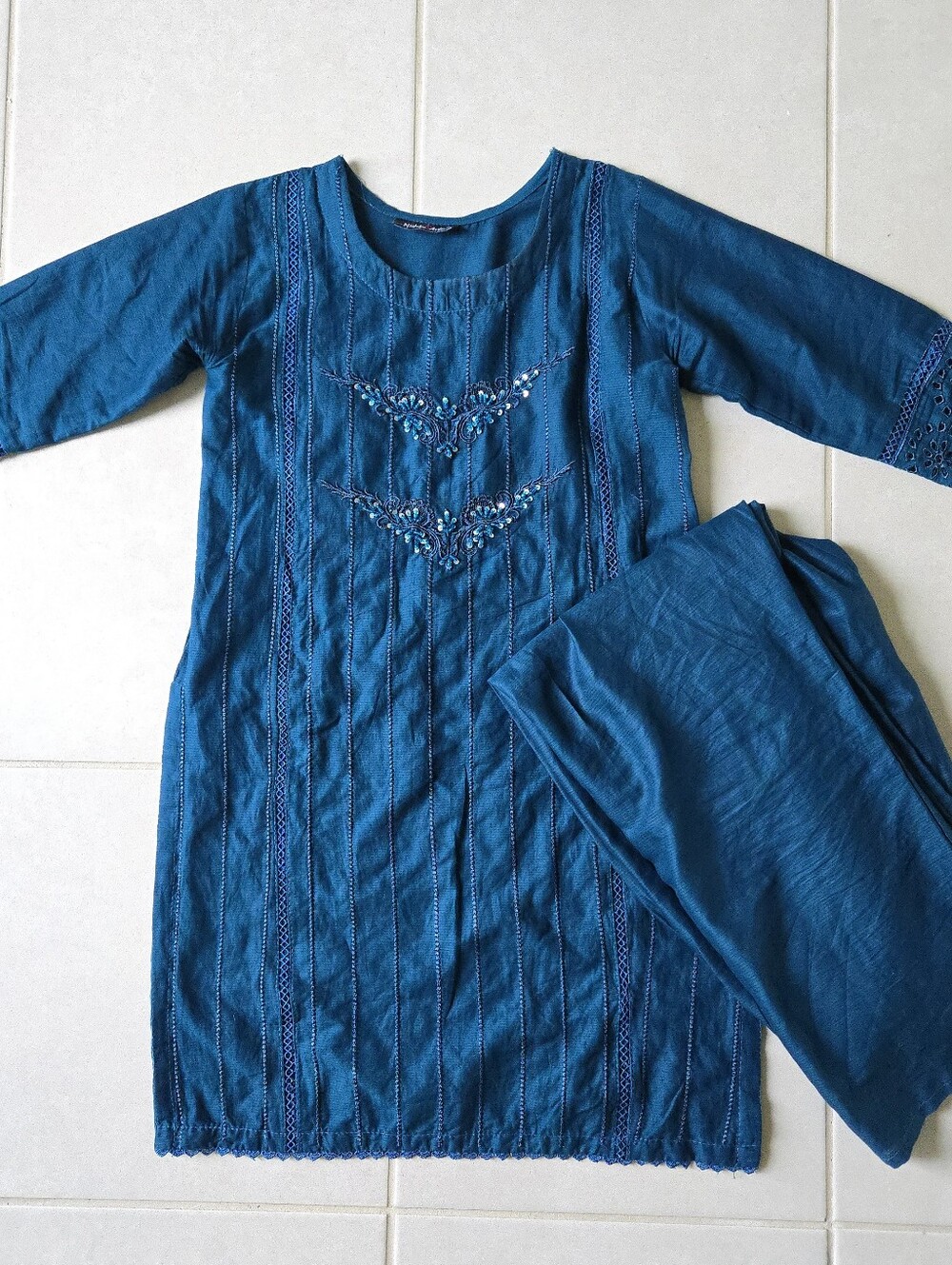 2 Pc Stiched Salwar Kurta Set Teal Blue Cotton Size XS 3/4 Sleeves